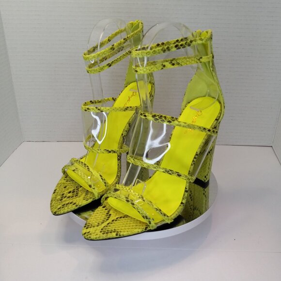 New w/o Box - Snakeskin Neon Yellow Chunky Heel - Ankle Strap - Clear Vamps - Picture 9 of 15